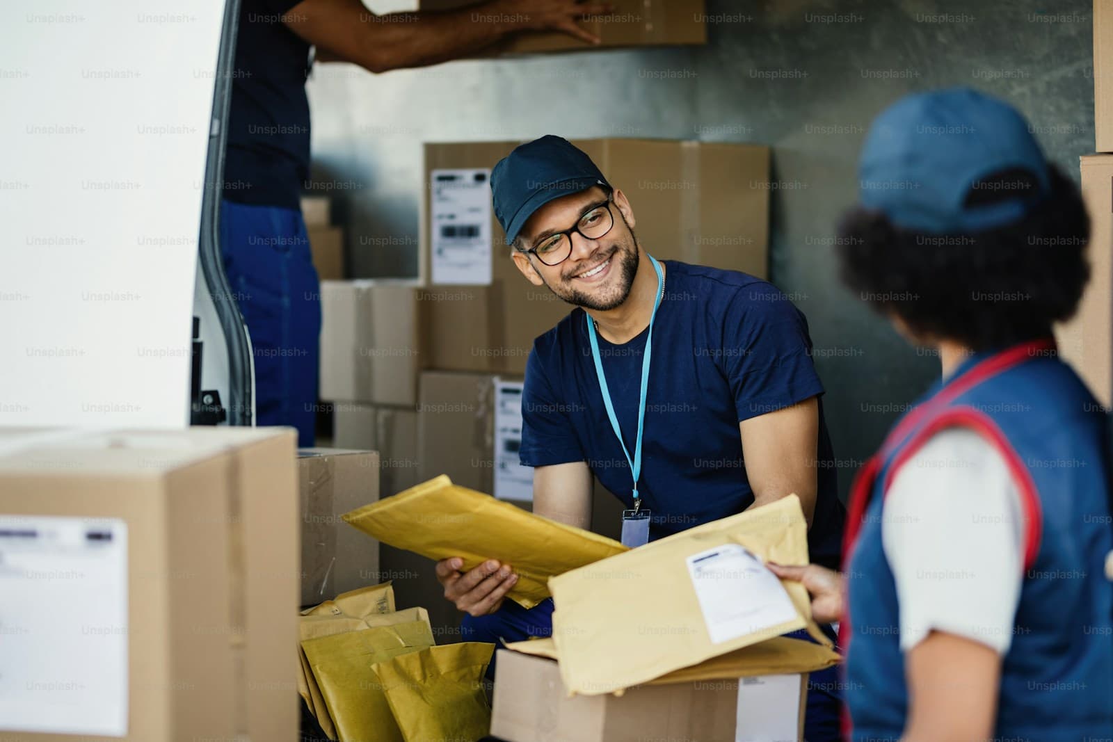 Delivery team sorting packages and mailers inside a shipment van