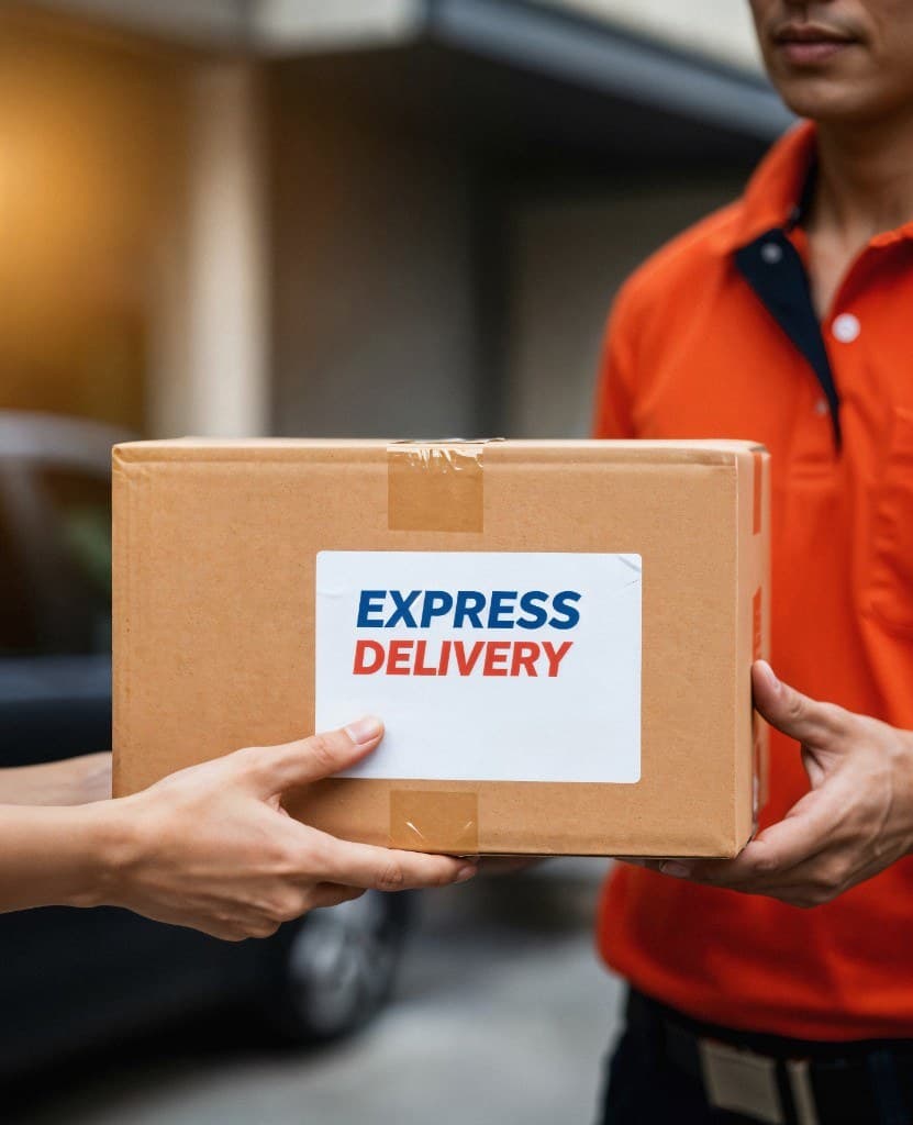 Courier handing over an express delivery parcel to a customer