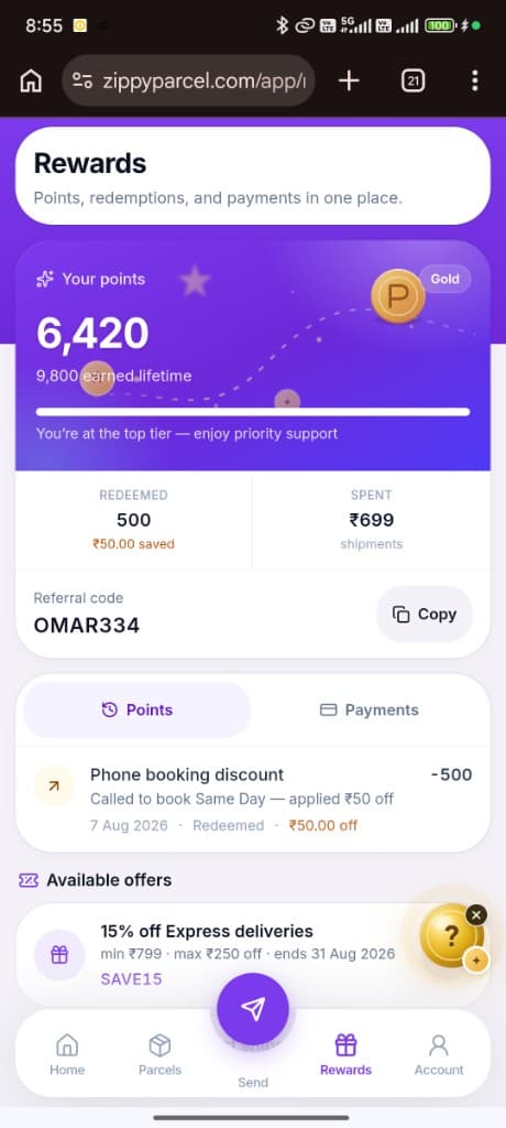 ZippyParcel app — rewards, loyalty points, and referrals